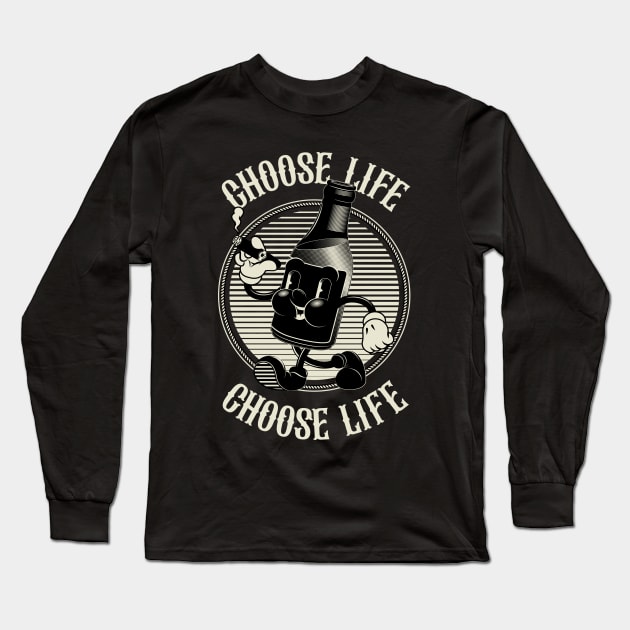 Vintage Walking Beer Bottle "CHOOSE LIFE!" (BLACK) Long Sleeve T-Shirt by BoringFabric